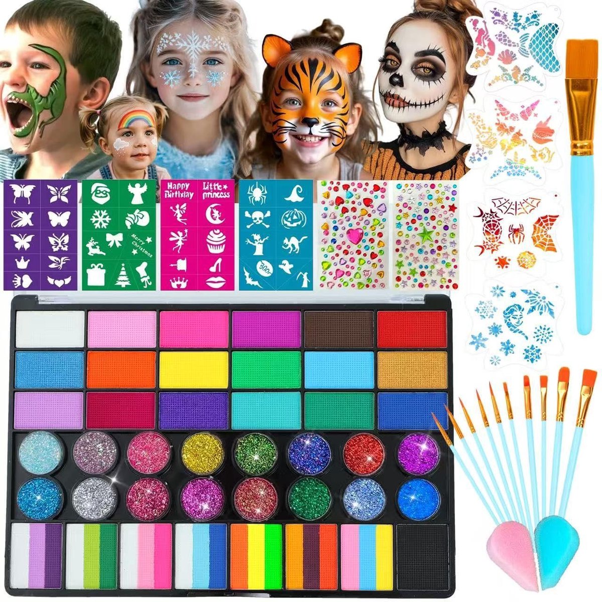 Pigmenten voor schmink - Schmink - Gezichtsschilderkit voor Kinderen - 42-delige Professionele Set - Wateractief - Met Penselen, Stencils, Spons en Stenen - Geschikt voor Feest, Halloween en Kerst - Kleur