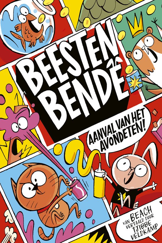De voorkant van een kinderboek met de titel 'Beestenbende' en diverse dieren in een stripboekstijl.