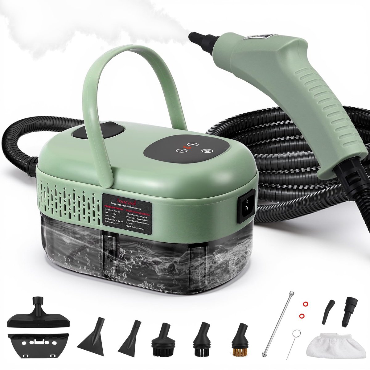 Wishdor Stoomreiniger 2500W - 1100ml Capaciteit - 3.0 Bar Hoge Druk - Snel Opwarmen in 15s - Inclusief 15 Accessoires - Voor Keuken, Badkamer & Auto - Groen