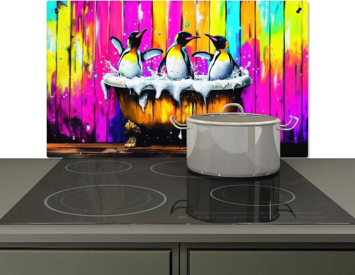 Spatscherm Keuken 51.5x83 cm Kookplaat Achterwand Beschermer Muur Spatwand Fornuis Aluminium Hittebestendig - Pinguïns - Badkuip - Kleurrijk - Schuim