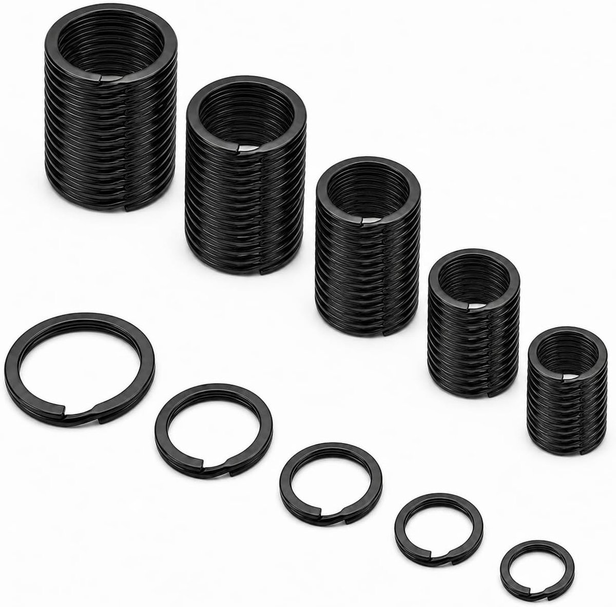 60 stuks sleutelringen, 5 maten (30 mm, 28 mm, 25 mm, 20 mm, 15 mm), zwart, sleutelring, sleutelring, rond, sleutelringen voor auto, huis, sleutelaccessoires, doe-het-zelf handwerk