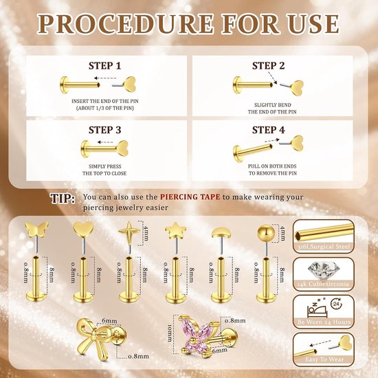 20 g tragus-/lippiercing voor dames, oorpiercing, zilver, threadless-piercing, labret-piercing, met zirkonia, hart, vlinder, ster, 6 mm, voor helix/schelp/medusa sieraden — afbeelding 3
