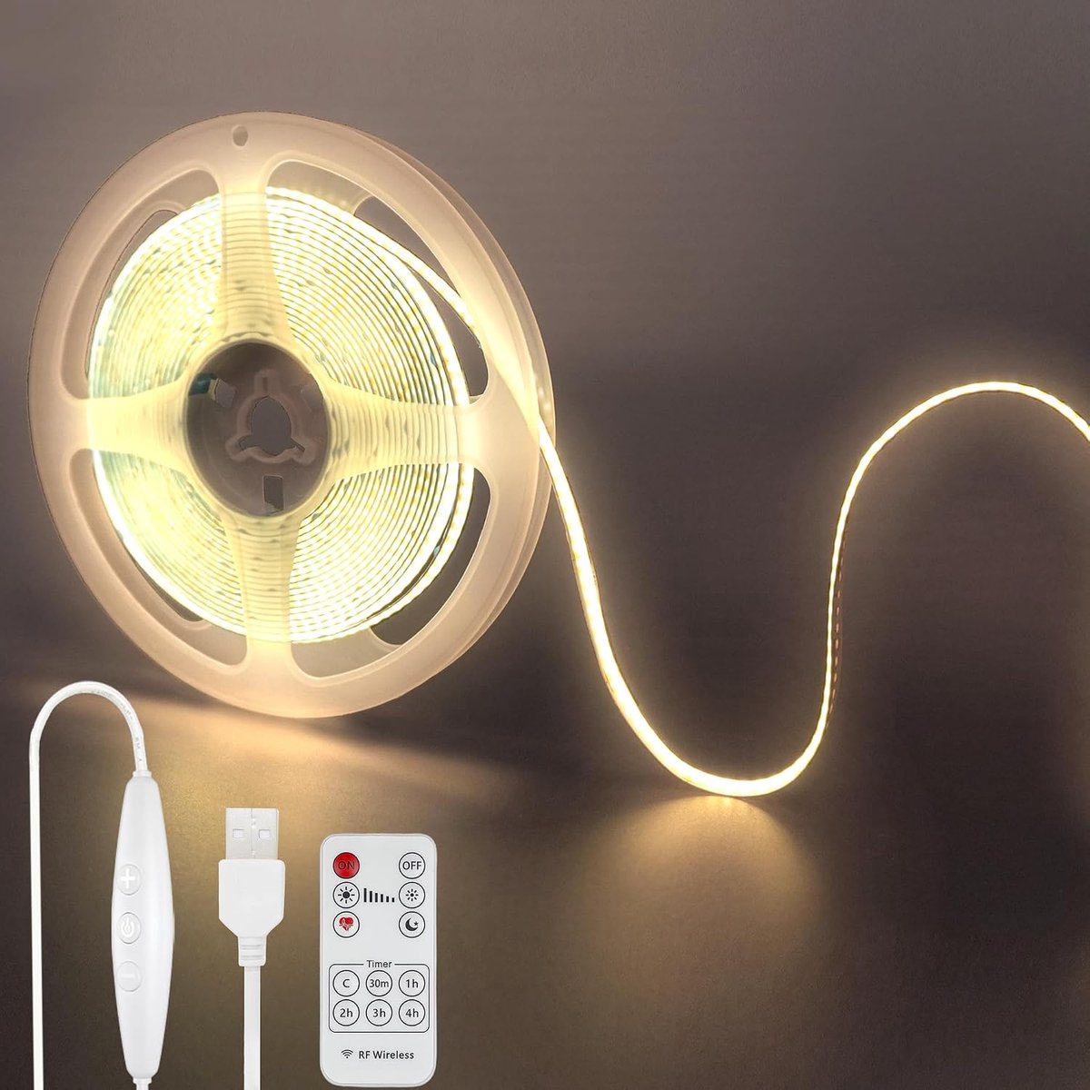 5V USB COB LED strip met op afstand dimbaarbare schakelaar,9.84FT/3M,naturel wit 4000K,320led/M,8mm breedte,niet waterdicht IP20,1.5m USB schakelkabel voor doe-het-zelf interieur