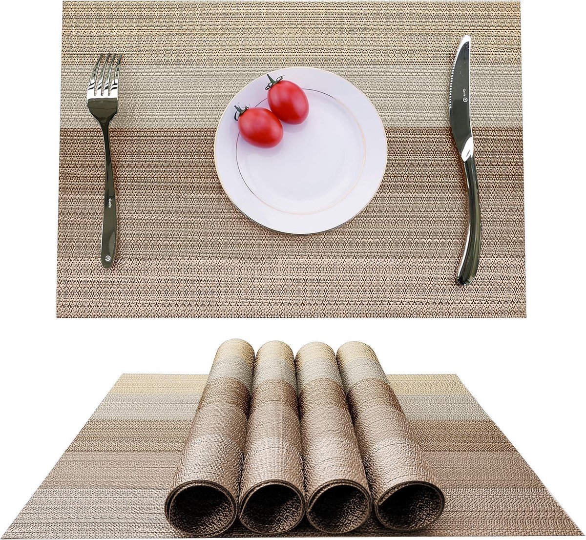 Placemats, wasbaar, rechthoekig, 30 x 45 cm, beige, bruin, napperon van katoen en linnen, modern, waterbestendig, antislip, slijtvast, voor eetkamer en keuken, set van 4