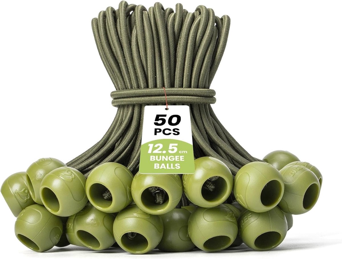 Spanrubbers met Bal 50 Stuks 12.5cm Rubberen Spanner met Bal Expanderlussen met Bal Zware voor Dekzeilen, Tenten, Paviljoenen, Banners - Militair Groen