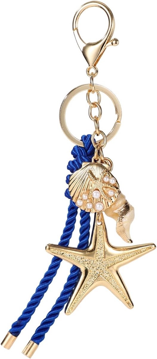 Zeesterren en Schelpen, 16x6cm Legering Zeethema Tassleutelhanger met Blauw Gevlochten Touw Zeester Schelp Charm voor Zomer Portemonnee Rugzakversiering