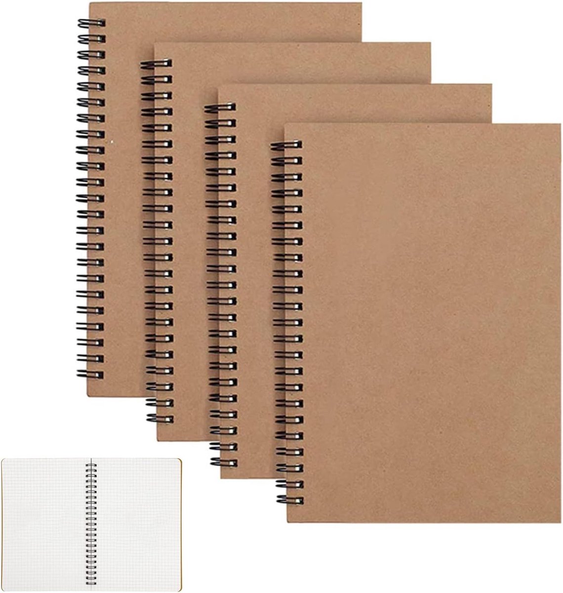 4 Pakketten Spiraalvormige Notebook A5 Kraft Cover Notepad, Blanco Papier Schetsboek 100 Pagina's/50 Vellen Memo Planner Schetsblok Perfect voor Memo's Schilderij en Graffiti - Vierkant