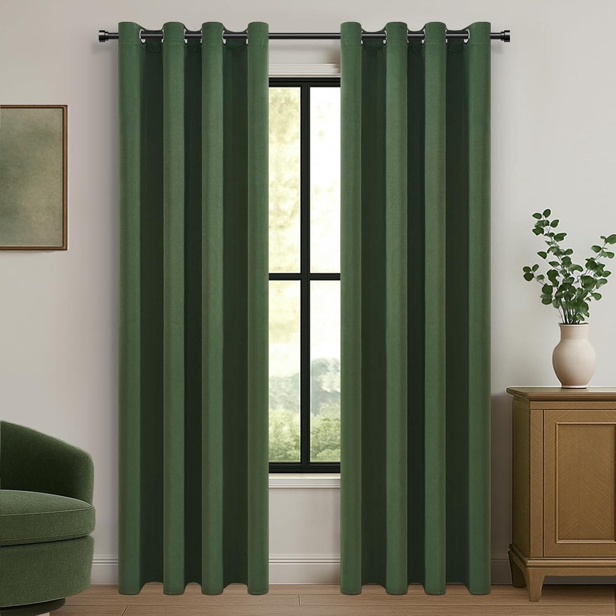 Gordijn, ondoorzichtig met ringen, thermogordijn, olijfgroen 2er set, ondoorzichtige gordijnen 240 cm lang 140 cm breed, gordijnschals voor woonkamer slaapkamer kinderkamer