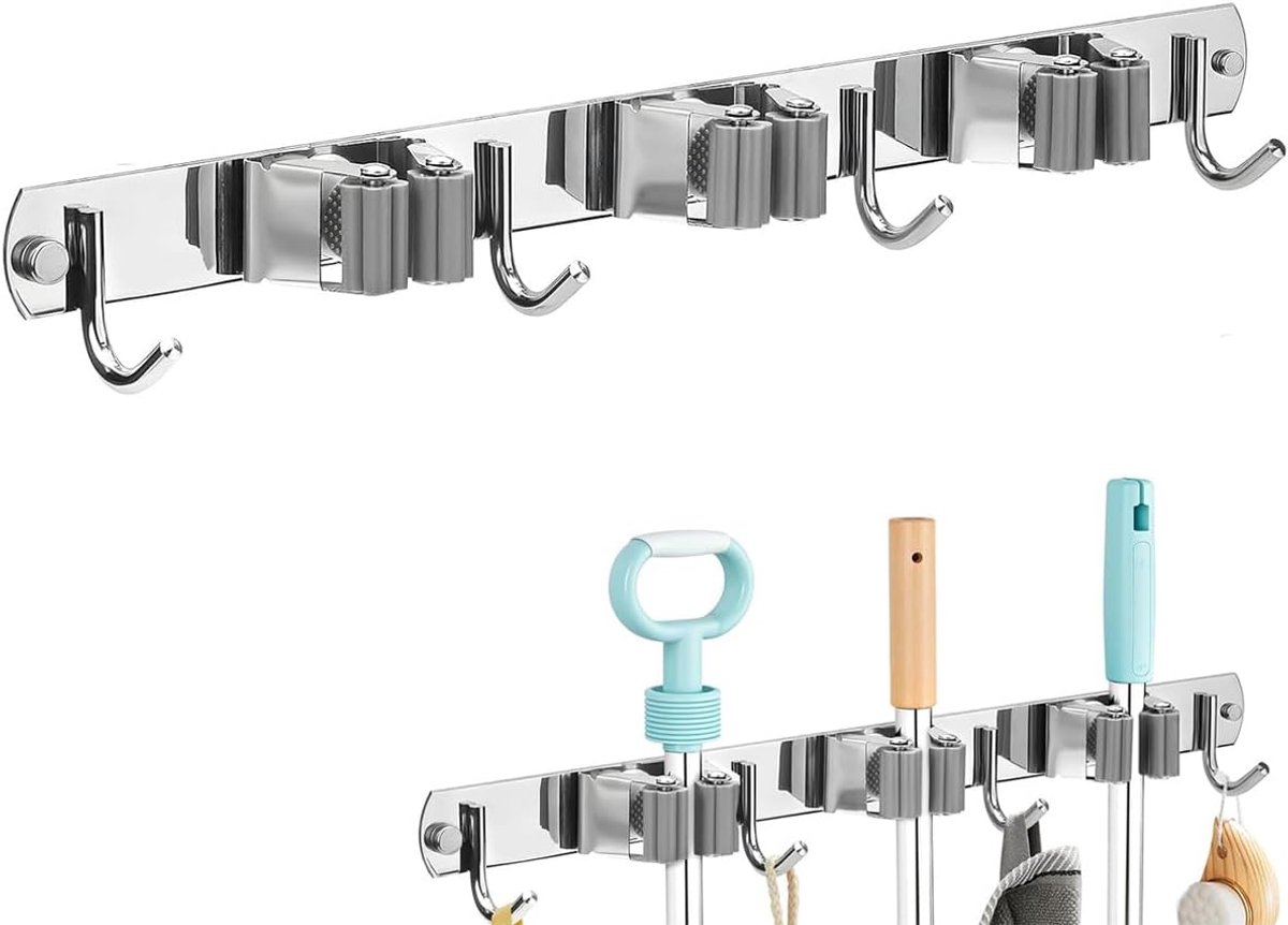 Bezemhouder voor aan de muur, roestvrij staal, zelfklevende bezemhouder met 3 houders en 4 haken, eenvoudige installatie, zelfklevende tuingereedschapshouder (zilver)