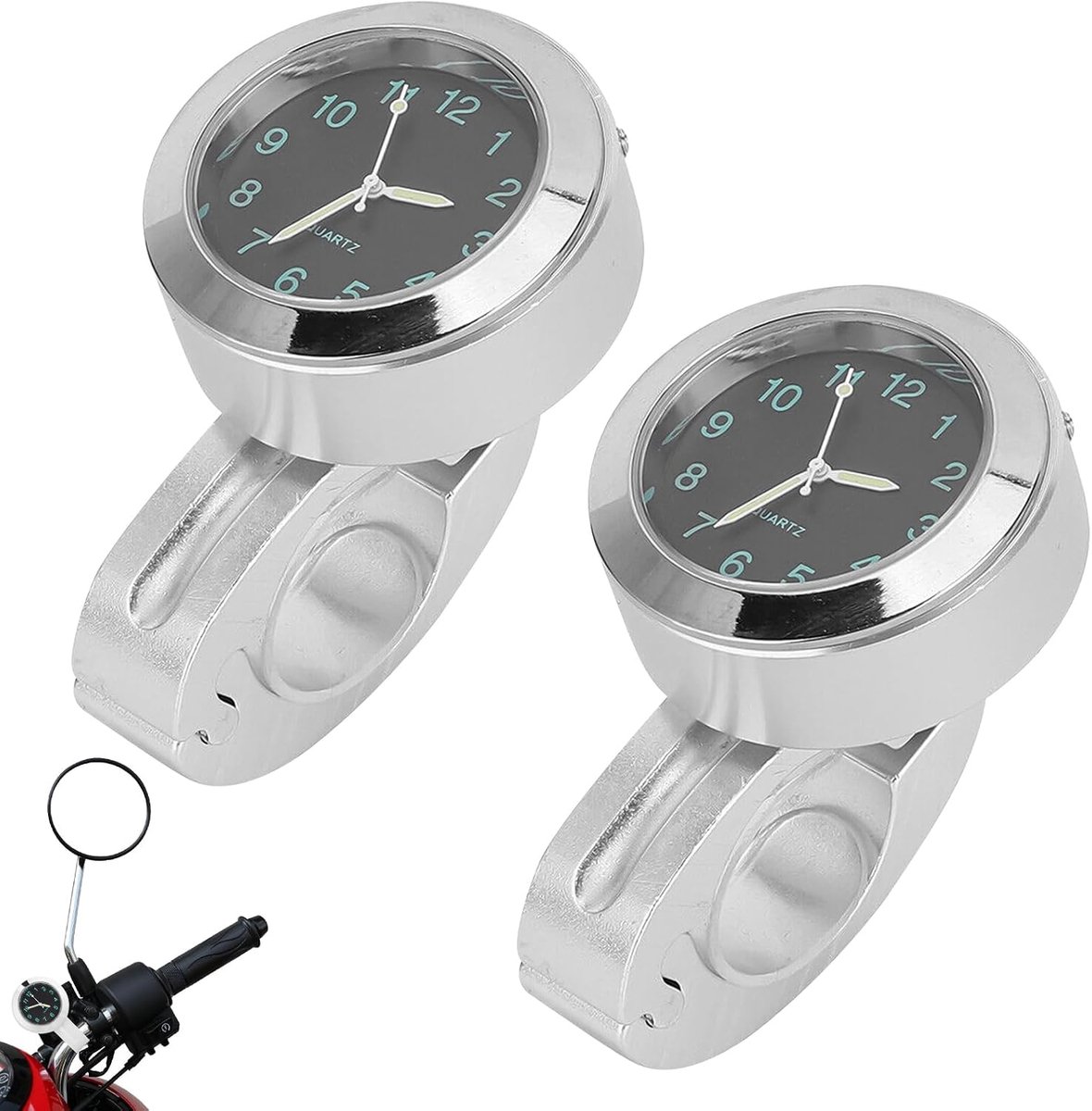 2 stuks motorhorloge lichtgevend motorhorloge: waterdicht motorfiets fietshorloge, motorhorloges voor stuur, horloge motorfiets, fietsaccessoires, diameter 22-25 mm - zilver