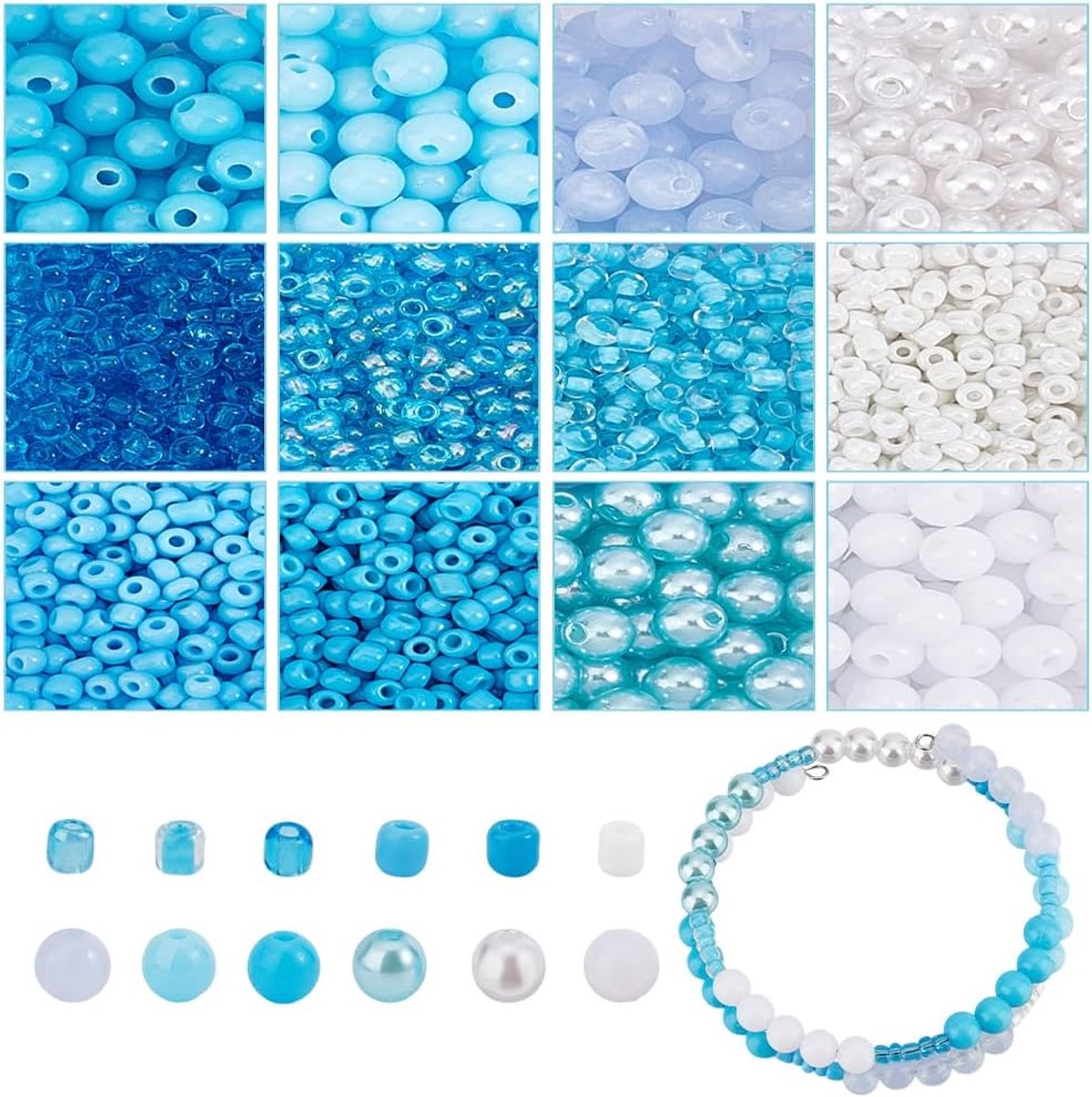 Kralenset voor het maken van sieraden, 6 mm kunststof kralen, ronde 3 mm glasparel rocailles, witblauwe kraal voor armband ketting kralen pennen knutselen sieraden maken