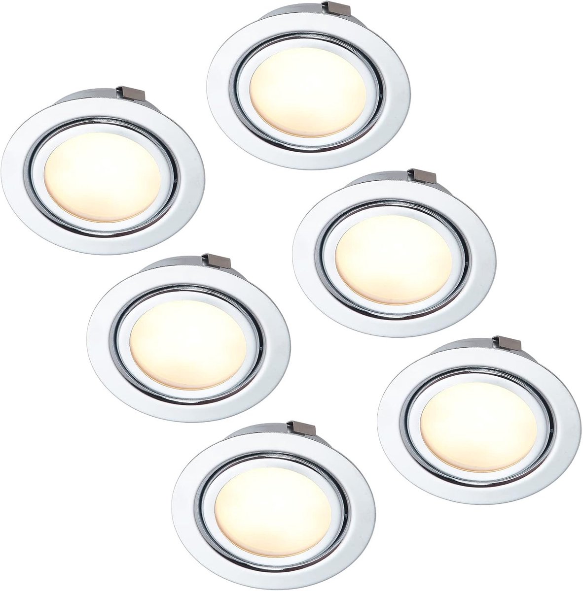 Set van 6 LED Slim meubelinbouwspots | chroom glanzend | 230V 3W | neutraal wit 4000K | boorgat: 55-60mm - buitendiameter: 73mm - inbouwdiepte: 25mm | 15cm aansluitkabel