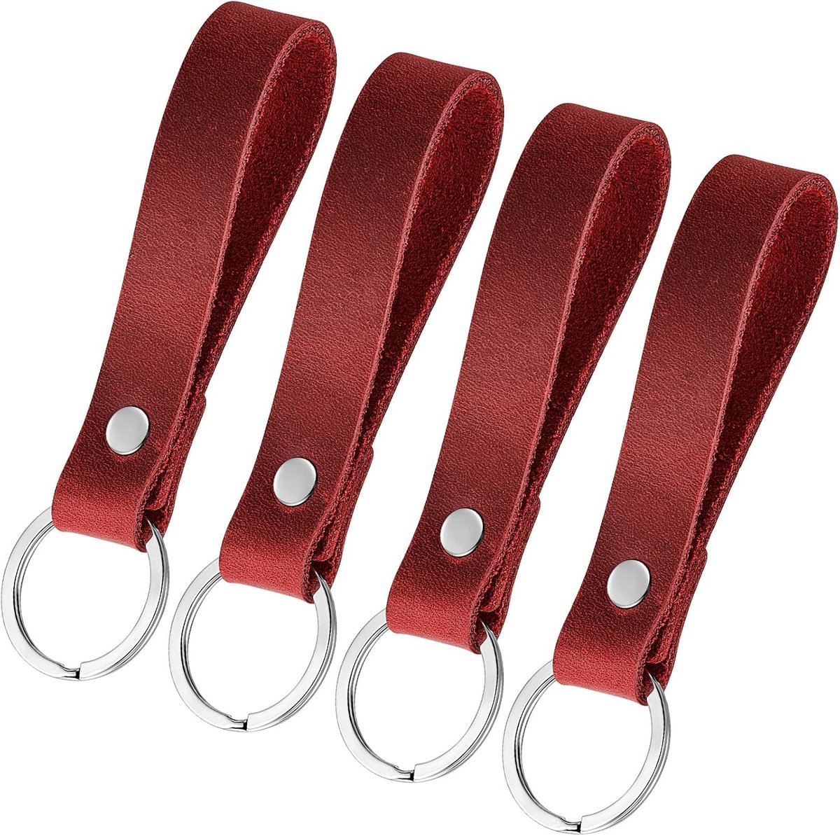 4-stuks metalen sleutelring met leren hanger en band sleutelhanger met leren lus sleutelband met splitring voor autosleutels, rood, 9 x 1,6 cm