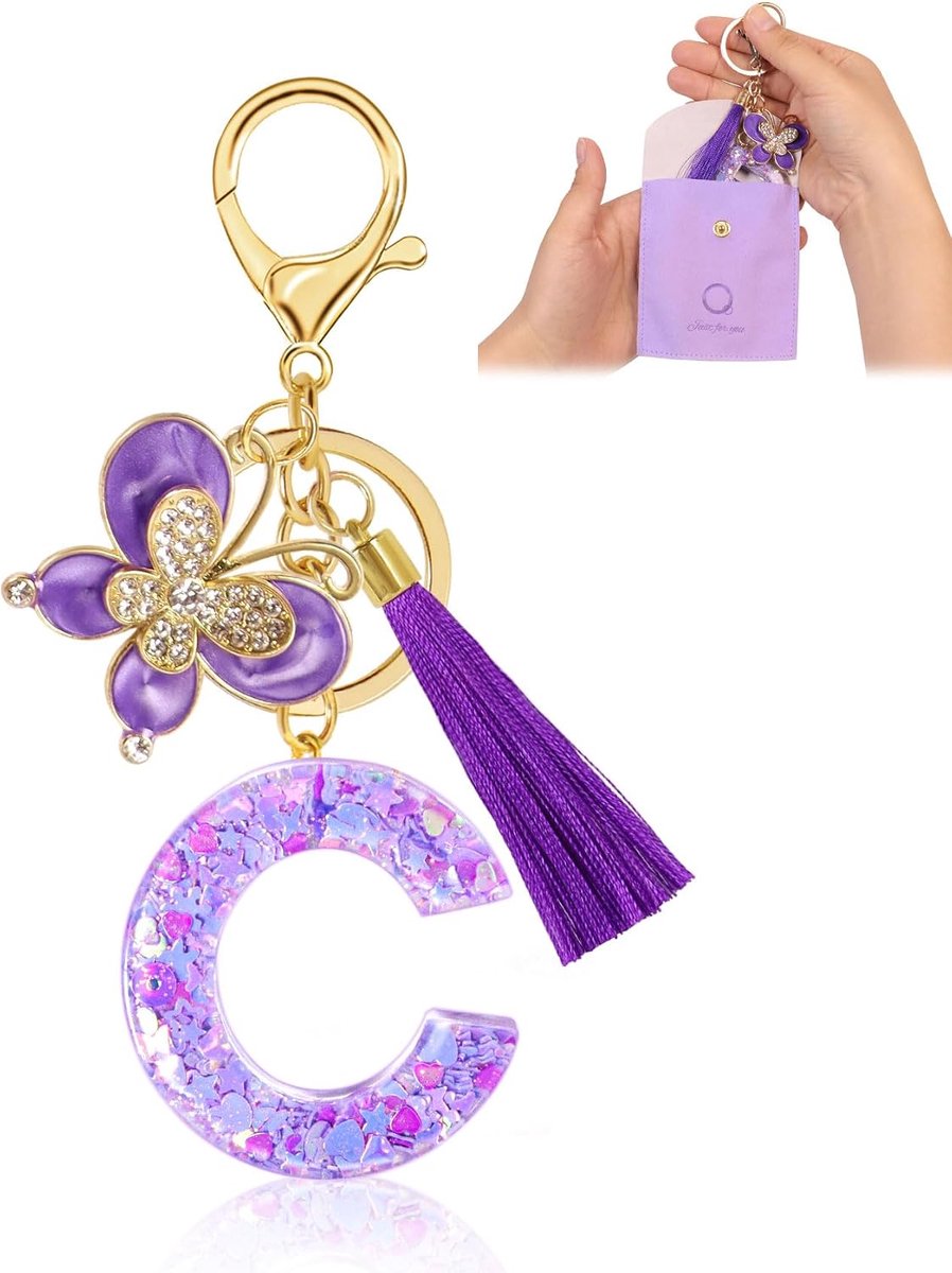 Dames, initiaal sleutelhanger voor meisjes, met letters, cadeau om te personaliseren met vlinder voor vrienden, voor rugzak, schooltas, paars