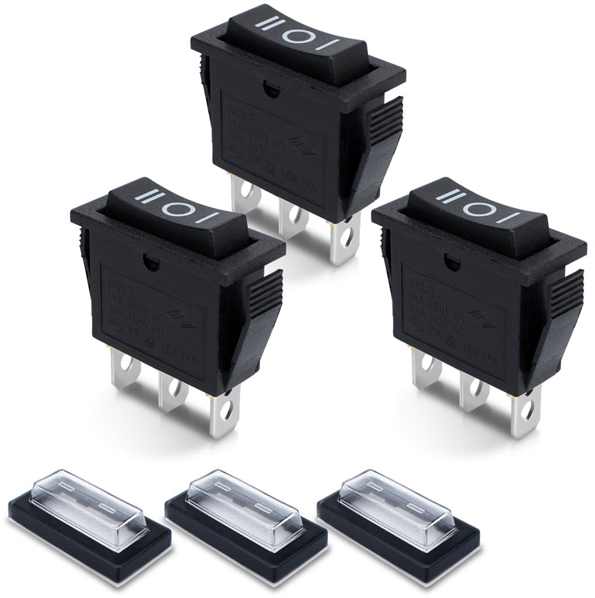 3 Pcs Mini Tuimelschakelaar Zwart KCD3-101 3 Pin 3 Positie Tuimelschakelaar met 3 Waterdichte Doppen AAN-UIT-AAN