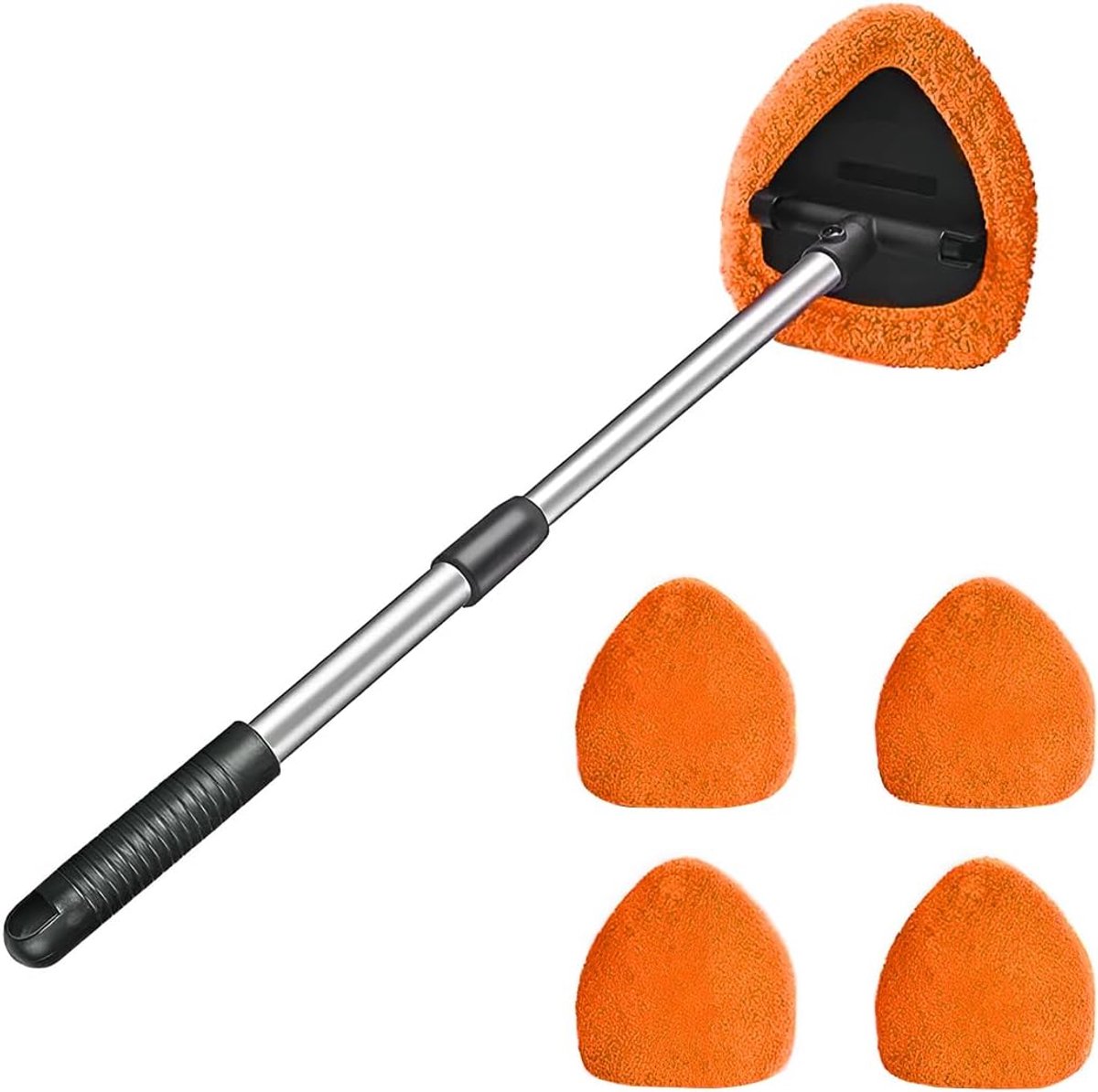 Autoruitreiniger, autoruitreiniger met 4 wasbare en herbruikbare microvezelpads, reinigingsset voor ruitenwissers met lange uittrekbare handgreep (oranje)