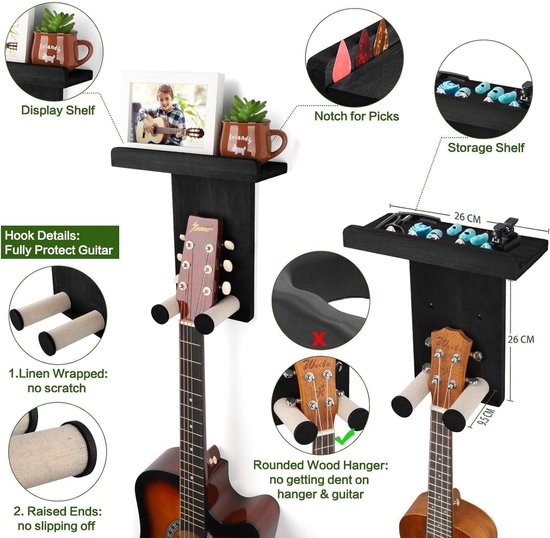Muurbevestiging met plank 2Pack Houten Gitaar Houder Haak Multifunctionele Rack Beugel Stand Voor Elektrische Gitaar Bas Akoestische Ukulele Viool Mandoline Zwart — afbeelding 5
