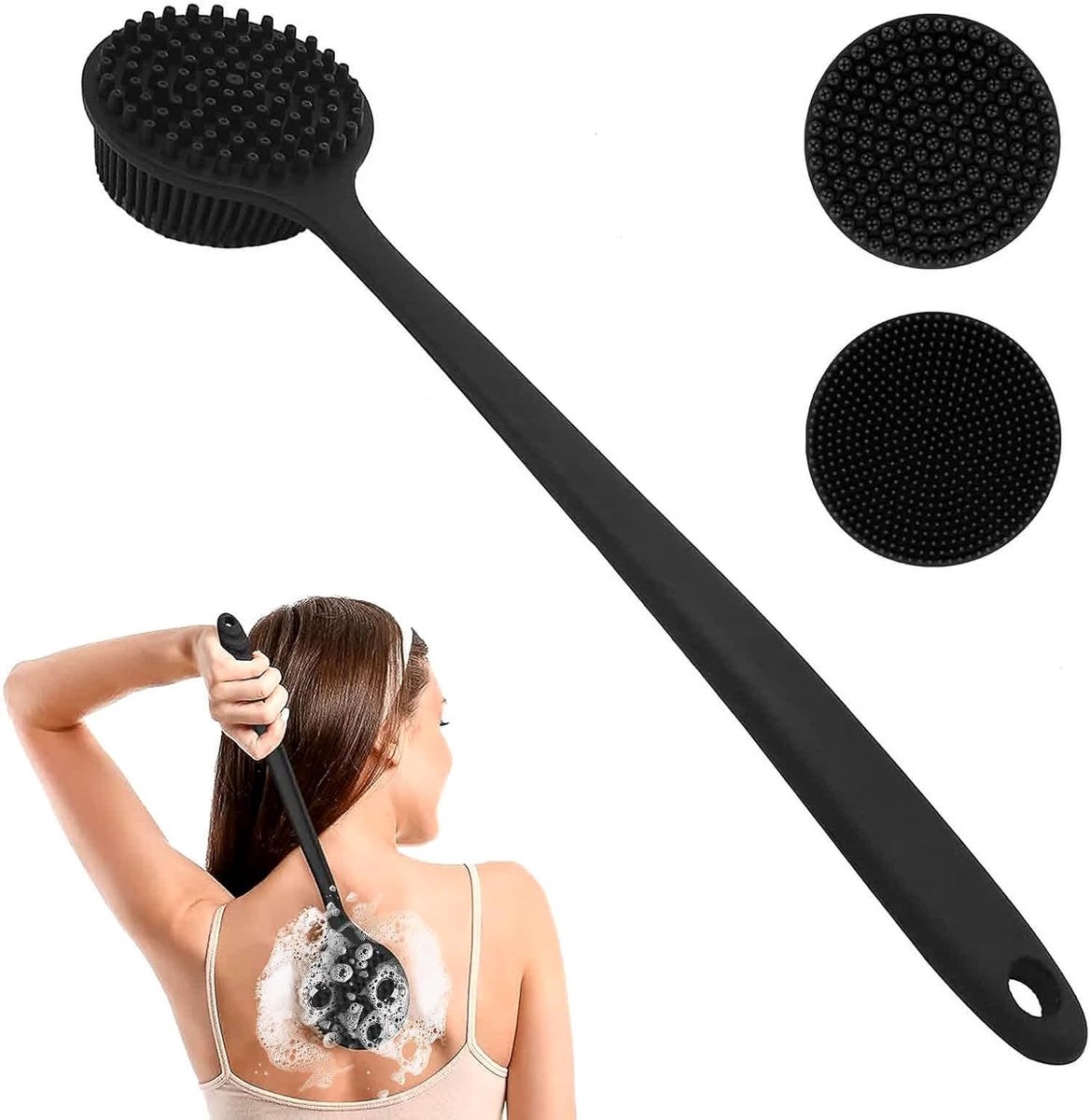 lichaamsscrubber voor douche, 2-zijdige exfoliërende en massageborstel met lange steel, hypoallergene rugschrobber creëert rijk schuim, milieuvriendelijk voor de gevoelige huid