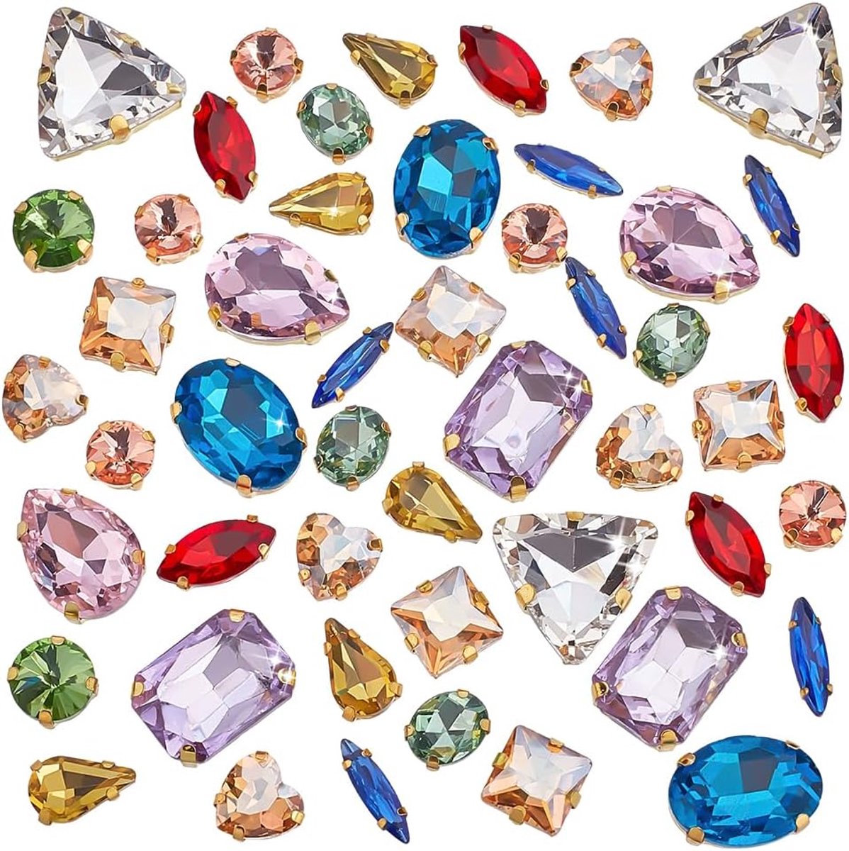 50 stuks gemengde kleuren strass-steentjes om op te naaien, kristallen cabochon, facetgeslepen kristallen cabochons met platte achterkant, om op te naaien voor kleding