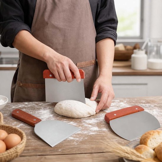 3 stuks deegschrapers van roestvrij staal, deegsnijder met houten handvat, antislip en roestbestendige deegkaart, keukenschraper voor portioneren en snijden voor cake, pizza, brood, cake — afbeelding 4