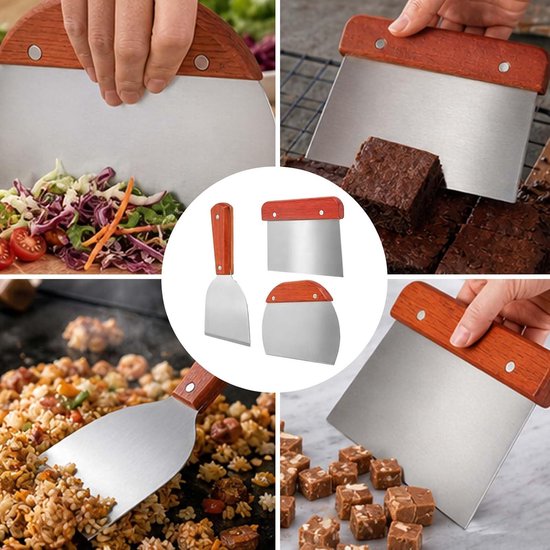 3 stuks deegschrapers van roestvrij staal, deegsnijder met houten handvat, antislip en roestbestendige deegkaart, keukenschraper voor portioneren en snijden voor cake, pizza, brood, cake — afbeelding 5