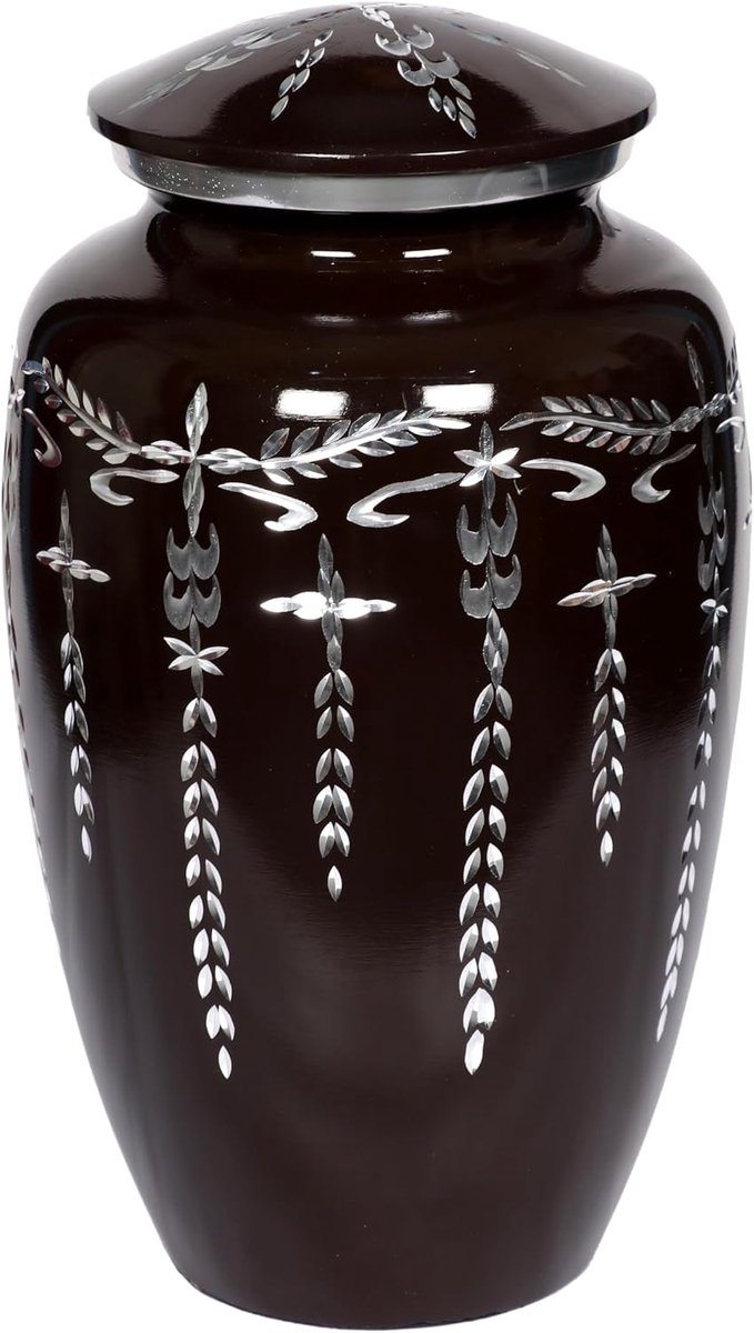 Crematie-urn voor as, groot, zwart met zilveren gravure, fluwelen tas, hout en metaal, gemaakt in de VS (16,5 x 16,5 x 26,7 cm, 90,7 kg of 91 kg chocoladebruin), TC - 09