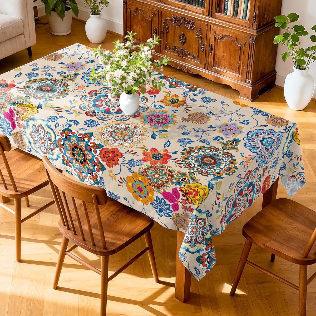 Retro tafelkleed met bloemen, rechthoekig, machine wasbaar tafelkleed, 152 x 304,8 cm, polyester rustieke tafelhoes voor keuken, diner, feest, buitendecoratie