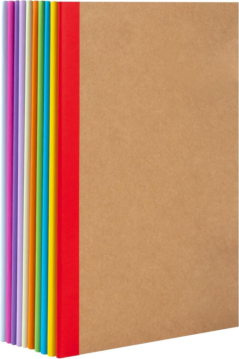 Notitieboeken van kraftpapier met regenboogrug, A5, 30 vellen/60 pagina's, blanco, gevoerd, voor school, kantoor of thuis (tien kleuren)