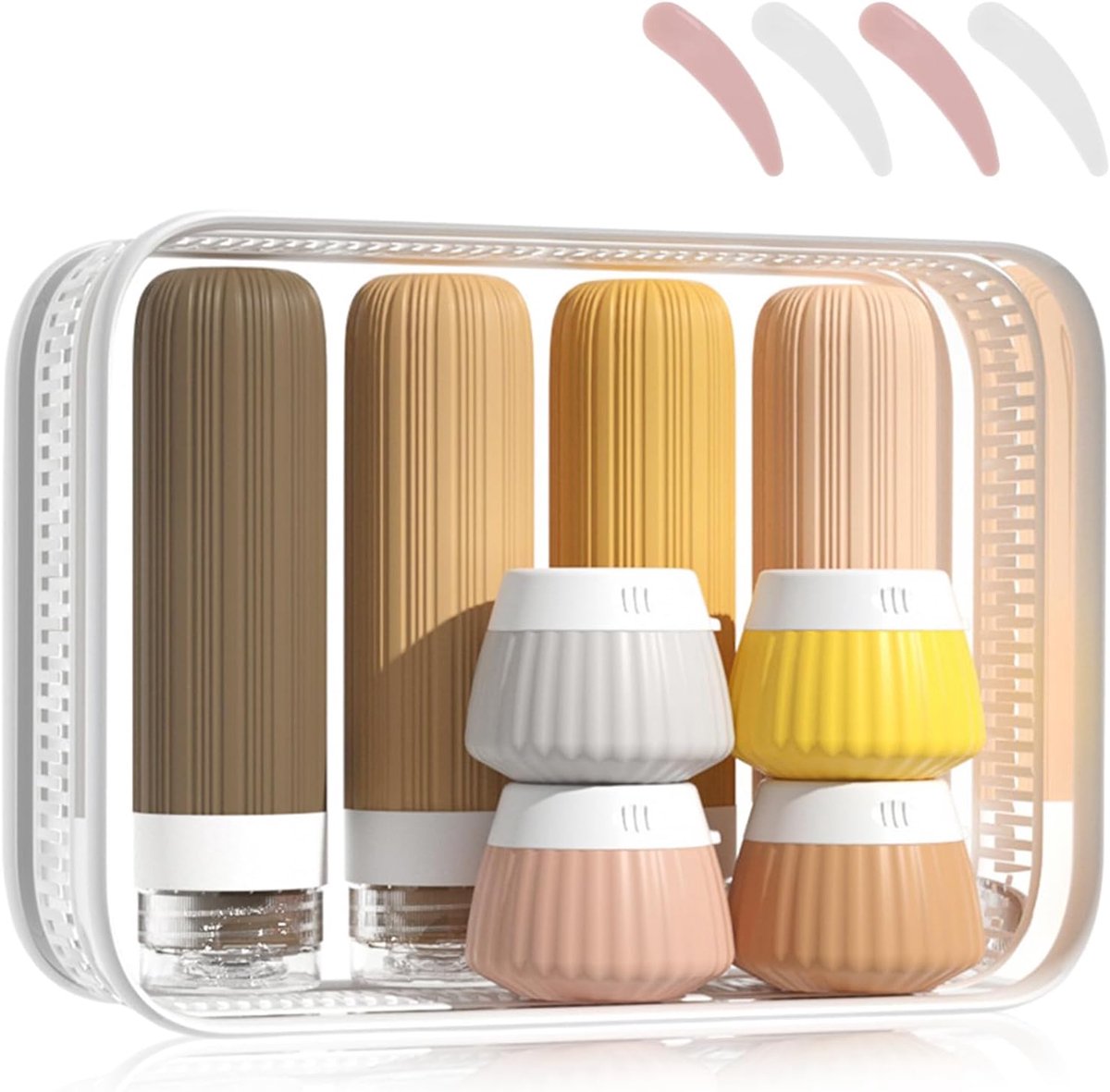 8 Pack reisflessen voor toiletartikelen, siliconen reisflessen set met doorzichtige rits toilettas, siliconen reistoiletartikelen met etiket voor shampoo conditioner lotion bodywash (bruin)
