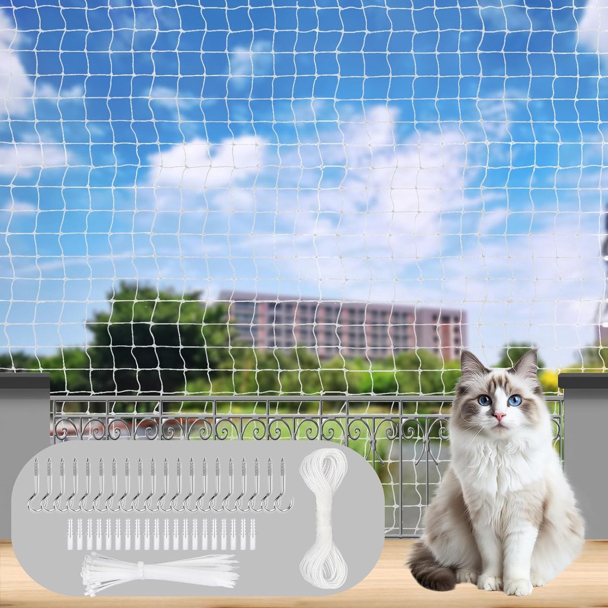 Kattennet voor balkon, kattennet, draadversterkt, 2 x 3 m, kattenbeschermingsnet zonder boren, balkonnet, kattenbescherming, balkon, kattennet voor het beveiligen van balkon, terras, ramen