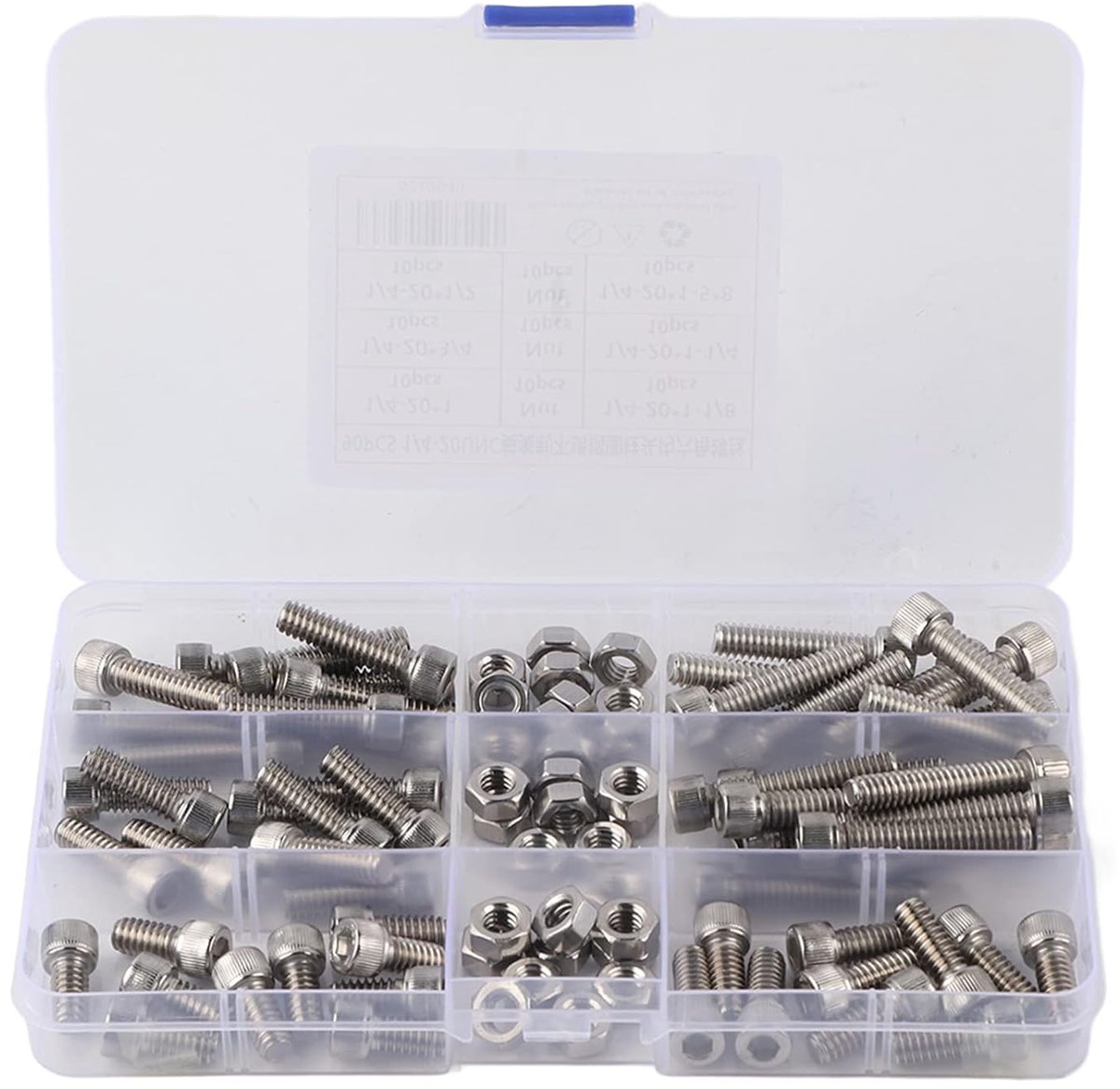 Veiyi inch schroeven, inchschroeven assortiment, 90 stuks 1/4-20unc schroeven, 1/4 inch moer, roestvrij staal zeskantschroeven set