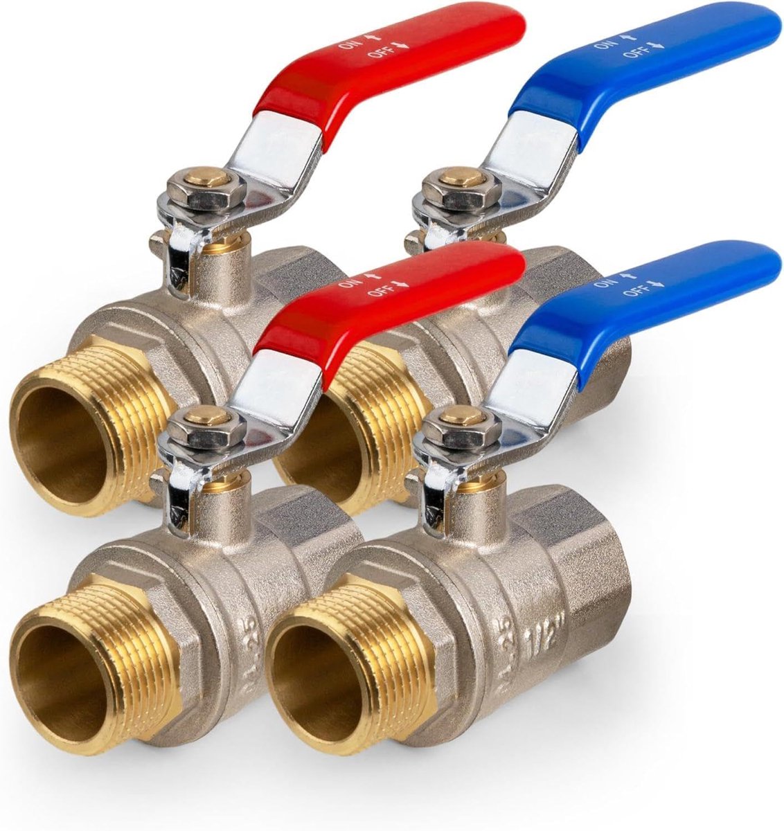 Kogelkraan 1/2 inch AG-IG, set van 4, afsluitkraan van messing, hendel blauw en rood, PN-40