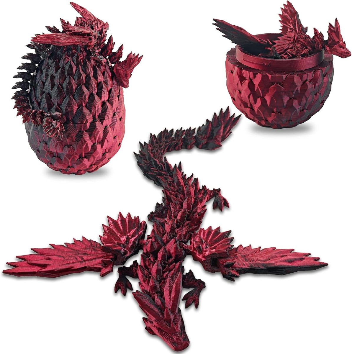 Drakenei met draak, 3D-print draak, 3D-geprinte verrassingsdraak in ei, beweegbare speelgoed voor volwassenen en kinderen, cadeau | Draak van kristal met beweegbare Dragon Ei, geschikt voor auto's (rood en zwart)