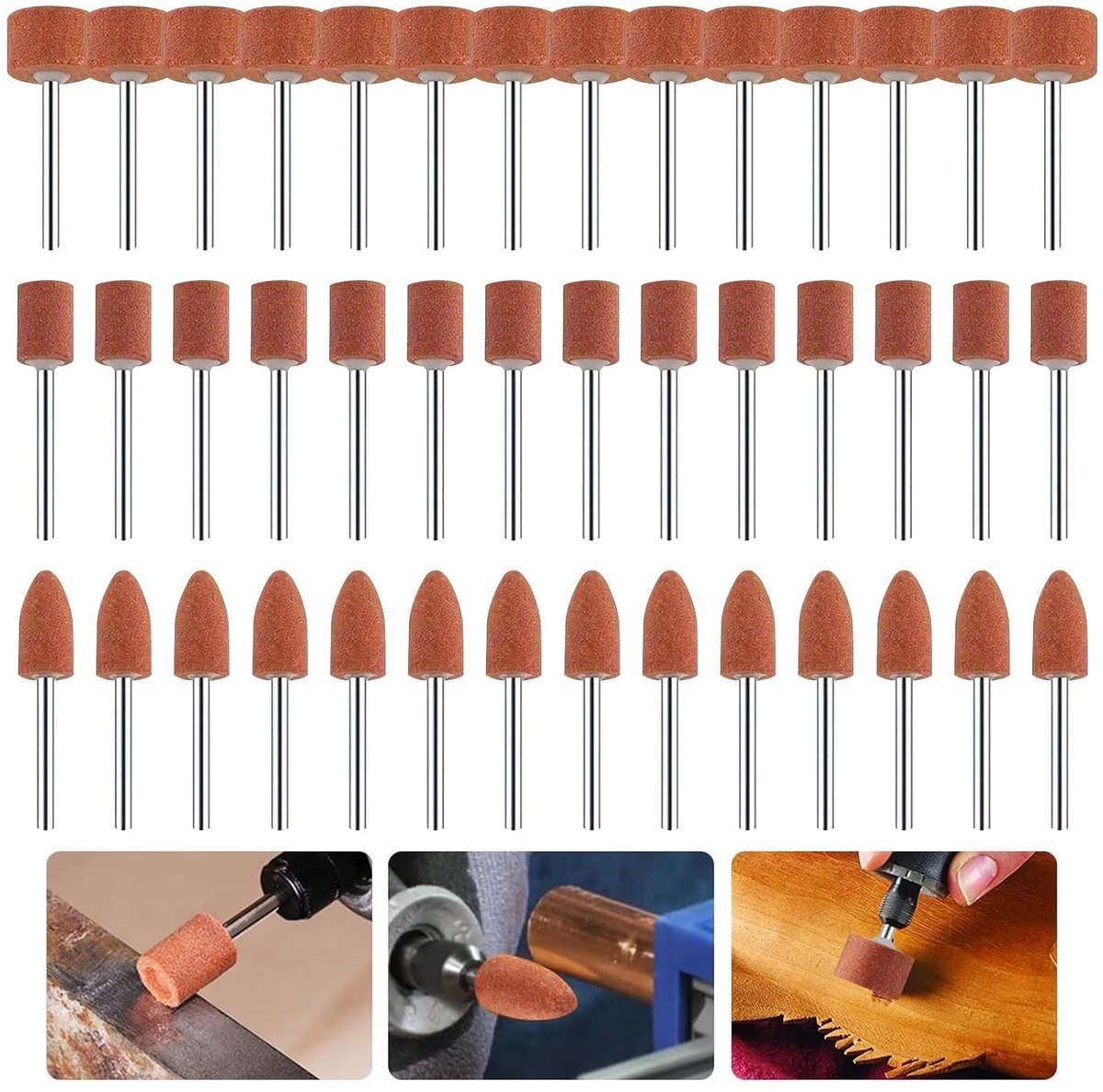 Set van 42 korund slijppunten, slijpkop, slijpopzetstukken voor Dremel accessoires, rotatiegereedschap, 1/8 inch schachtmaat, voor gebruik op edelstenen, glas, metaal en hout