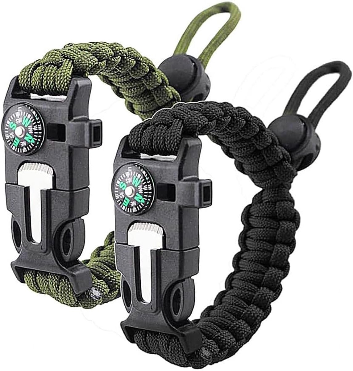 Militaire survivalarmbanden, met kompas en fluitje, accessoires voor kamperen, wandelen, noodgevallen, 2 stuks