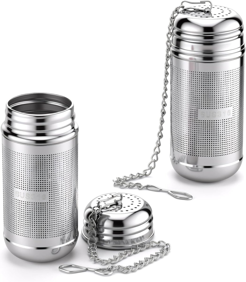 Theezeef van roestvrij staal voor losse thee, 2 stuks, 3 x 7,2 cm, specerijen, theefilter, fijnmazige theezeef, theeei met ketting, voor theepotten, kopjes, keuken, zilver