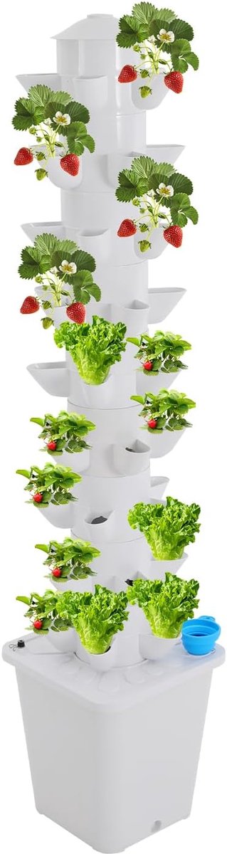 Kweekset met 9 etages, verticaal met 45 plantgaten, hydrocultuur verticale kweekset met 20 l watertank, verticale planter, kieming voor balkons, bladgroenten, 25 x 25 x 115 cm