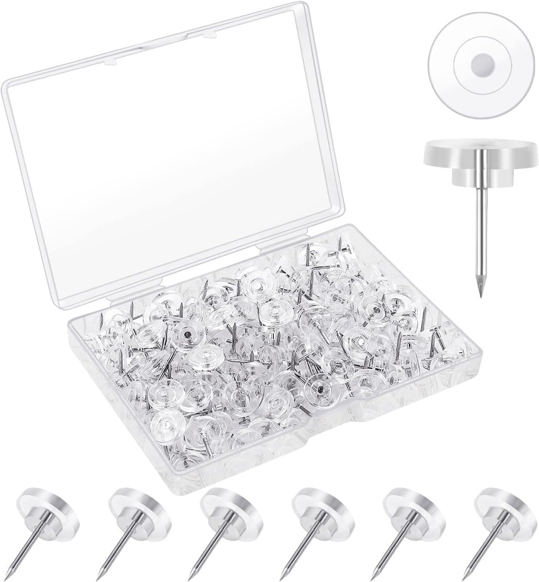 100 stuks transparante punaise, 16 mm, platte punaise met platte kop, wandpunaise voor prikbord, kurkpaneel, fotopaneel (wit)
