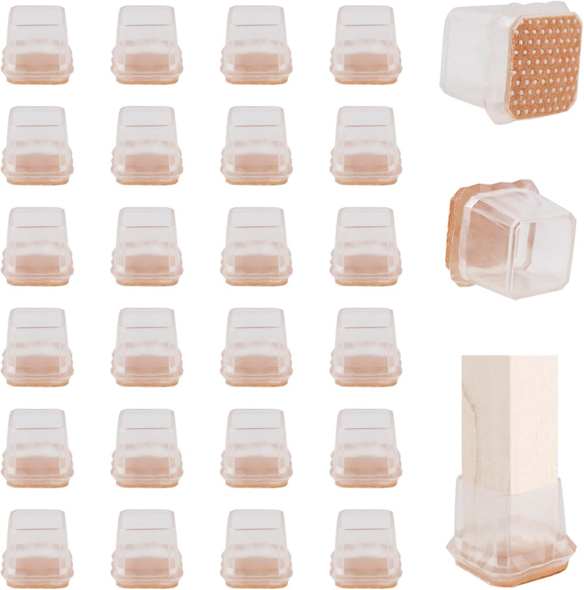 24 stuks vierkante stoelglijders met vilt, transparante voeten, ruisonderdrukking, krasbestendige stoelglijders (Toepasselijke maat: 30-38 mm)