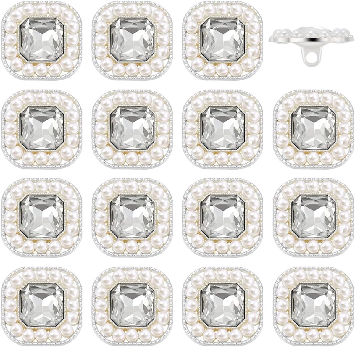 16 stuks vierkante heldere strass faux parel knoppen 20 mm zilveren legering imitatie parels strass schacht knoppen met 1-gat steentjes ingelegde versieringen knoppen voor doe-het-zelf