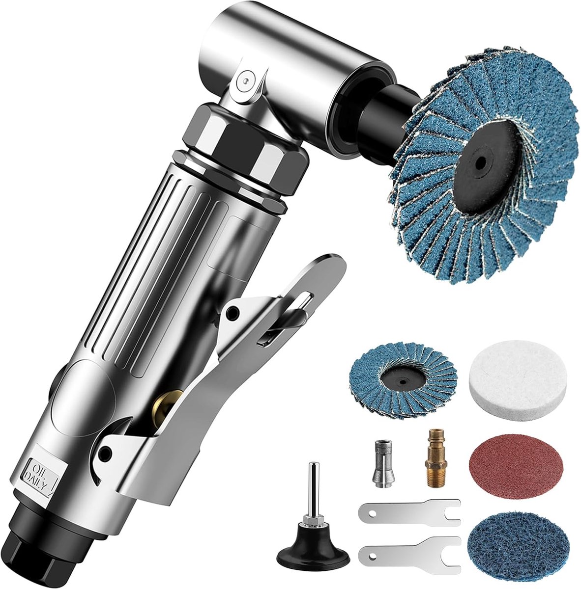 Pneumatische haakse slijper 1/4 inch 90 psi (6,3 bar) 20.000 omw/min met 4 verschillende schijven, 2 boorhouder 3 mm/6 mm voor het voorbereiden van oppervlakken voor slijpen, polijsten en
