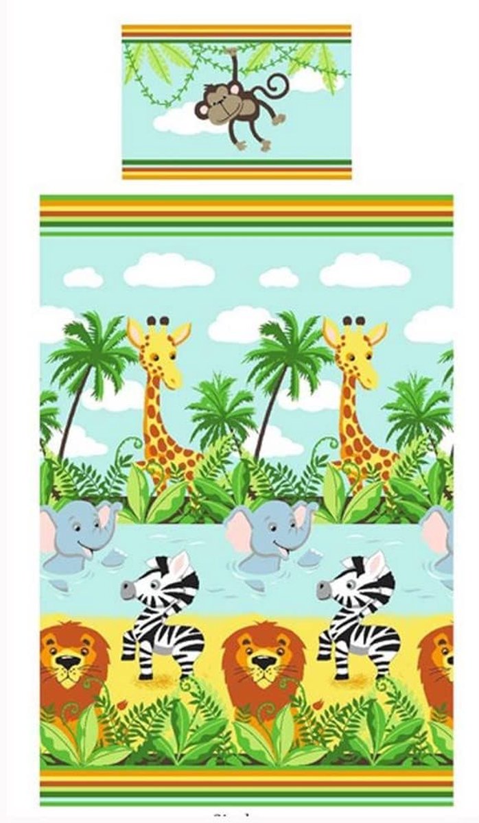 Dekbedovertrek Jungle-Tastic 135x200cm - Katoen/polyester - Kleurrijk jungle-thema - Geschikt voor eenpersoonsbed - ShopVlot