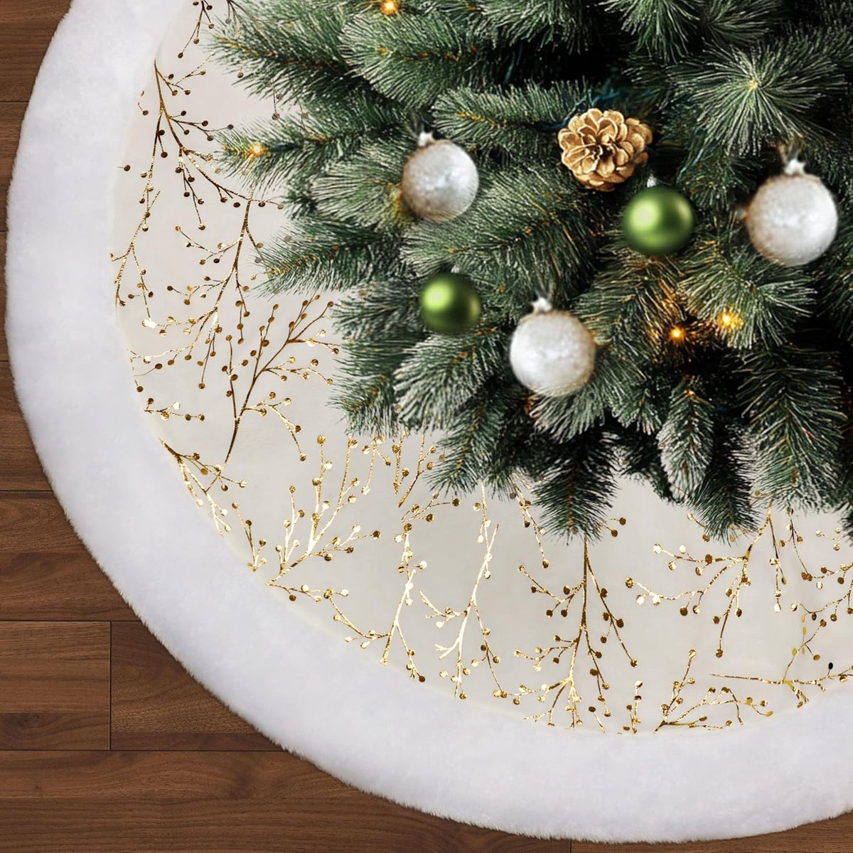 Kerstboomrok 150 cm - Wit en goud - Imitatiebont - Elegante kerstdecoratie - ShopVlot