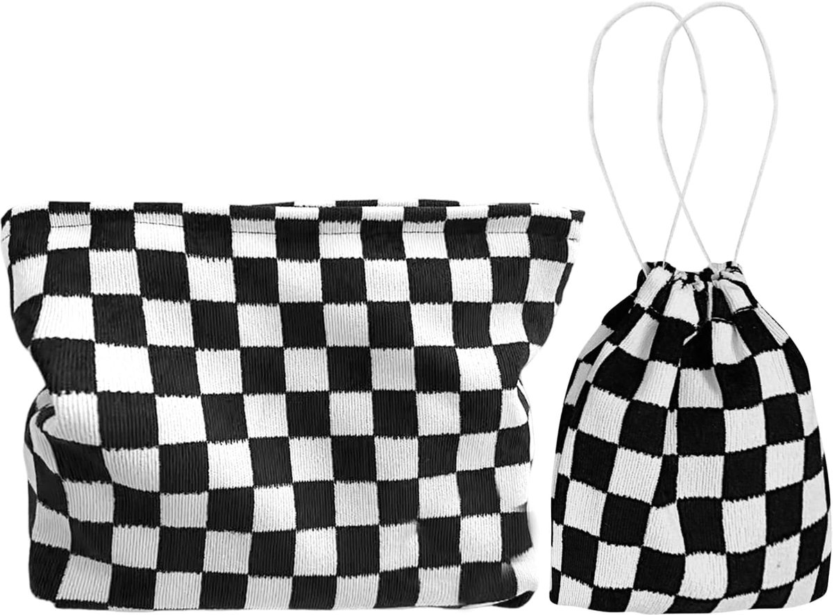 Opbergtas make-up geruit 26x19x9 - zwart corduroy - compact en draagbaar voor vrouwen - ShopVlot