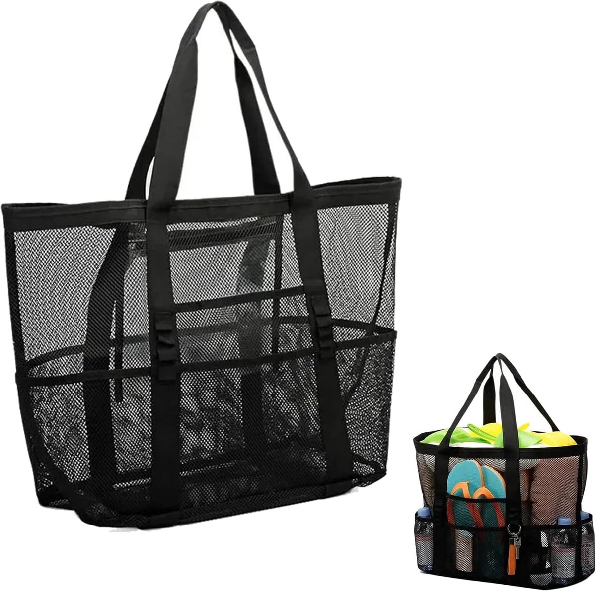Strandtas grote netten - zwart - opvouwbaar - ideaal voor vakantie - ShopVlot