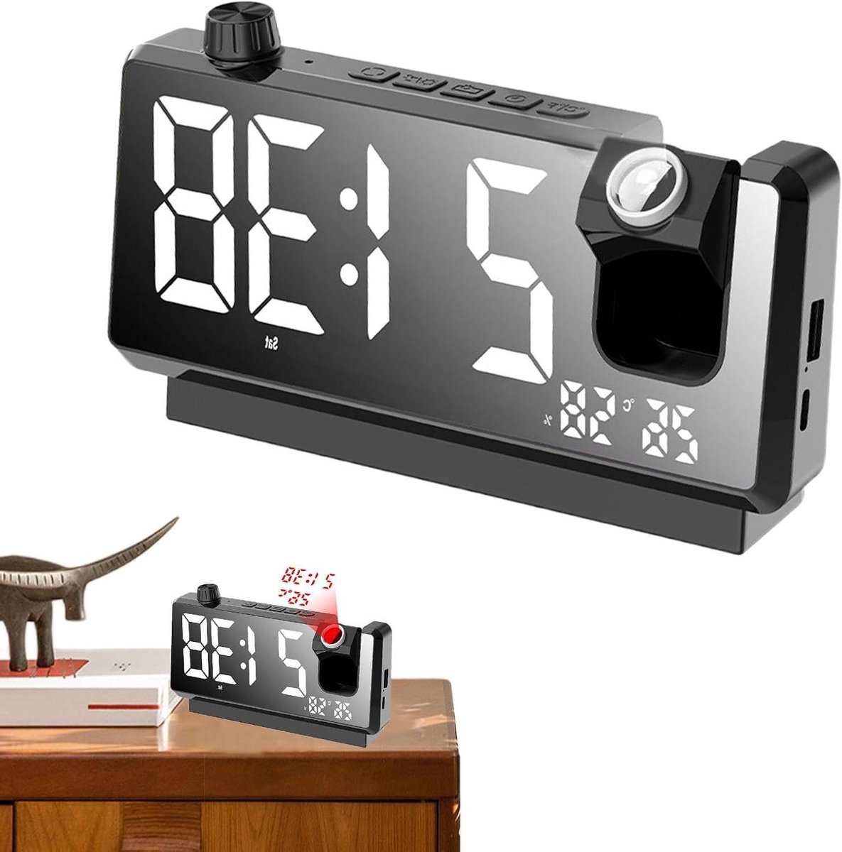 LED Projectie Wekker - Digitale Klok Plafond - Tijd Weergeven - 180° Draaibare Projectie - 18.6 cm - Zwart