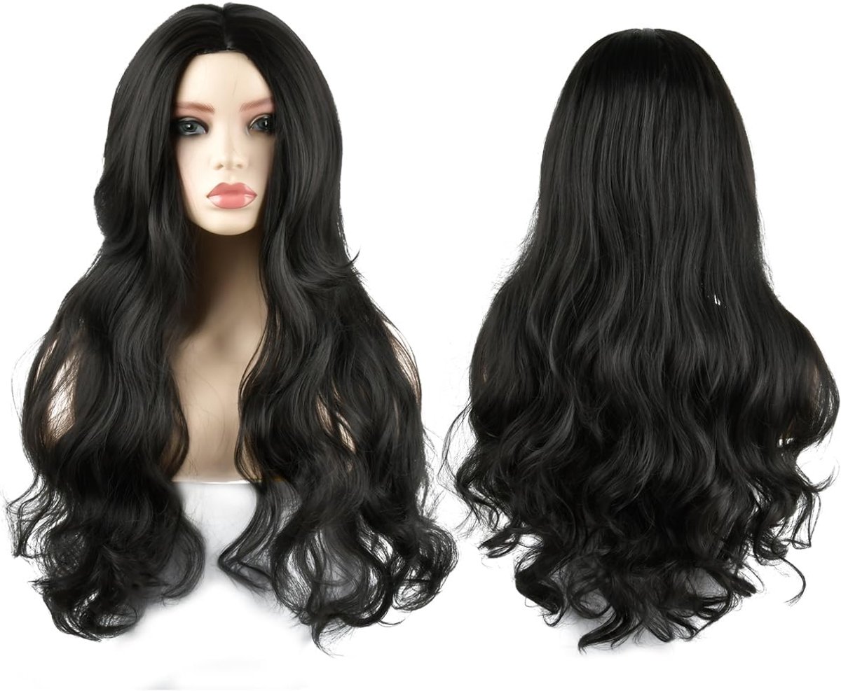 Zwarte krullende damesperruque 70 cm - synthetisch materiaal - verstelbare maat - perfect voor cosplay - ShopVlot