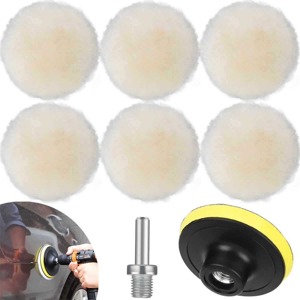 Wool Polijstschijven 150 mm - 8-delige set - Inclusief steunschijf en M14 booradapter - Ideaal voor autopolijsten - ShopVlot