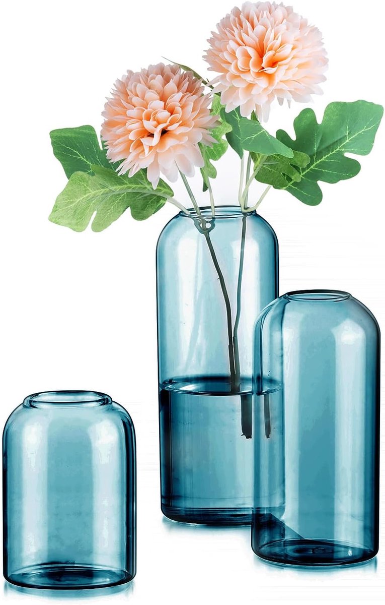 Glazen Vazen Set van 3 - Blauw - Modern Design - Perfect voor Bloemarrangementen - ShopVlot
