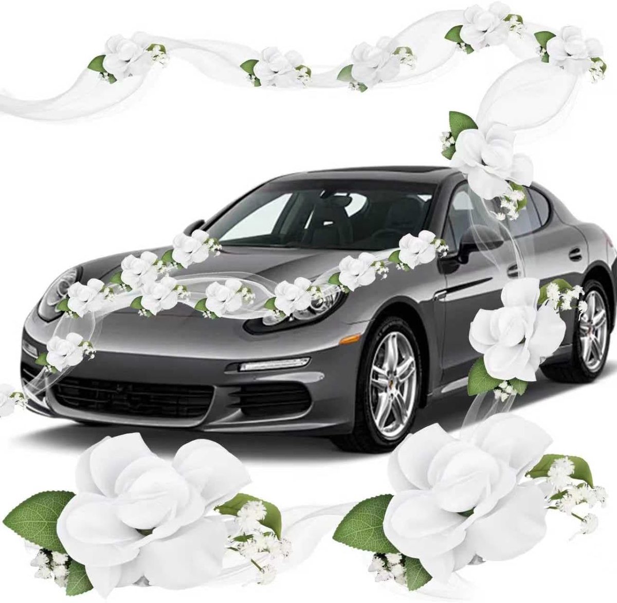 Autoversiering bruiloft - witte sluier met rozen - 10 hartstrikken - feestelijke autodecoratie - ShopVlot